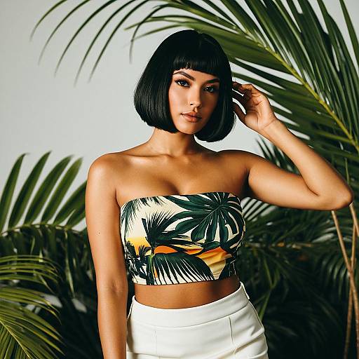 Stylish Woman in Tropical Print Crop Top with Bob Haircut