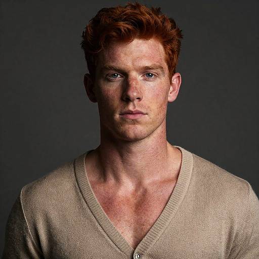 Portrait of Red-Haired Man in Beige Sweater with Freckles