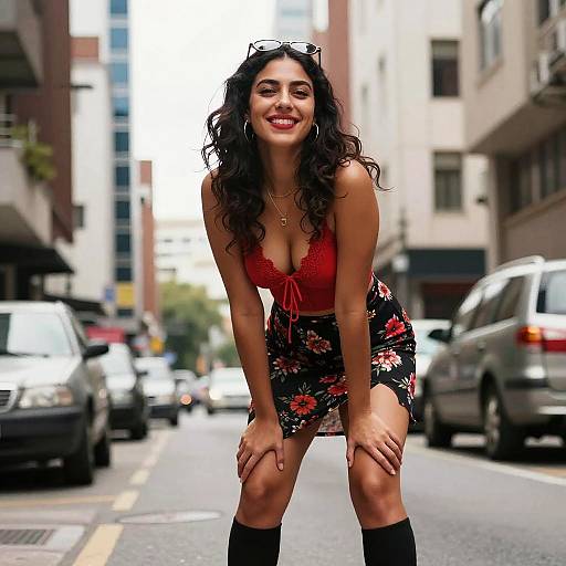Woman in Red Crop Top and Floral Skirt Posing Playfully on City Street