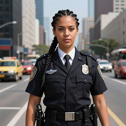 Confident Female Police Officer in Urban Street Setting
