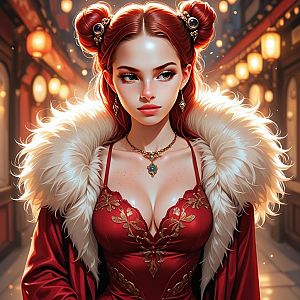 Young Woman in Red Gown with Gold Embroidery and Lanterns
