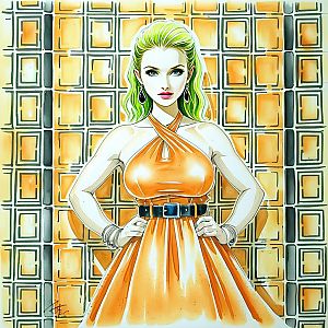 Confident Woman with Green Hair in Orange Dress