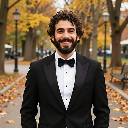 Smiling Man in Classic Tuxedo Bow Tie Outdoors in Autumn