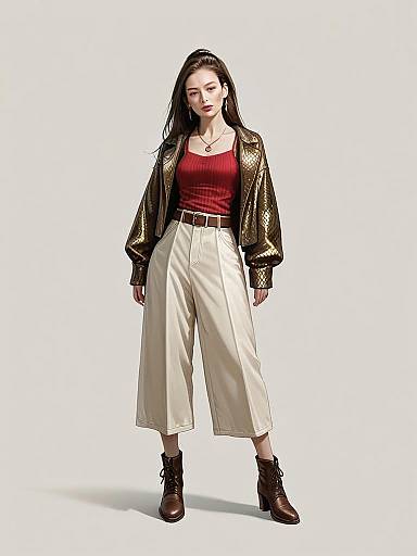 Casual Chic Woman in Metallic Jacket and Wide-Legged Trousers Fashion Outfit