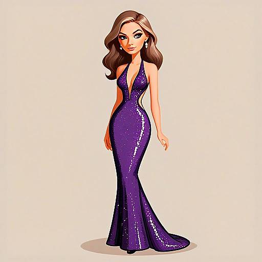 Glamorous Woman in Sequined Purple Evening Gown with Pretty Hair