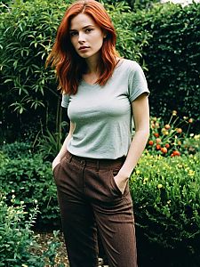 Young Red-Haired Woman Casual Style in Green Garden Realistic Photo