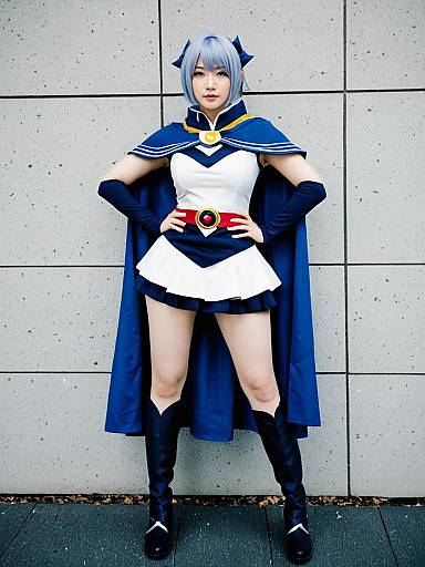 Woman Cosplaying Retro Anime Hero in Blue and White Costume