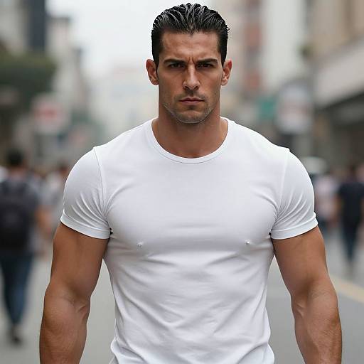 Muscular Man in White T-Shirt Standing on City Street