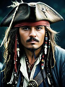 Pirate Man Portrait in Tricorn Hat and Dreadlocks