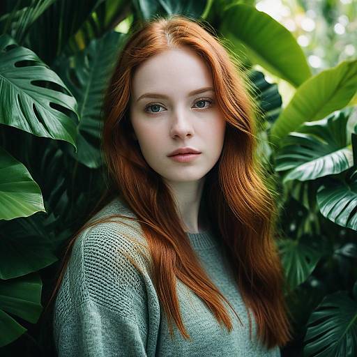Red-Haired Woman in Green Foliage Natural Portrait