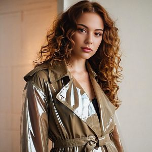 Fashion Model Wearing Glossy Vinyl Sleeve Trench Coat