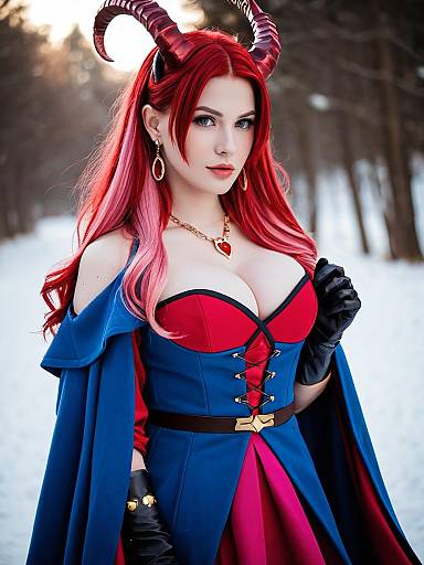 Woman in Blue Red Corset Dress with Devil Horns Cosplay