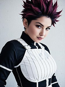 Realistic Woman Cosplay of Charlotte Katakuri with Spiky Hair and Pinstripe Costume