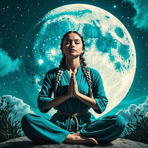 Meditative Woman in Teal with Full Moon Night Sky Background