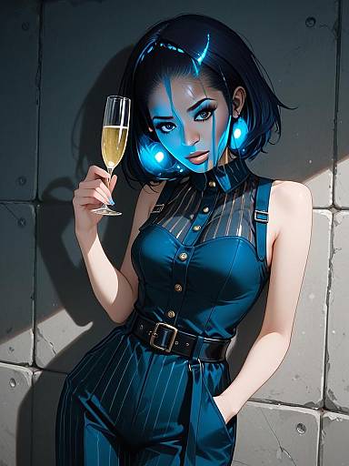 Stylish Cyberpunk Woman in Dark Blue Pinstriped Outfit with Champagne Glass