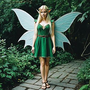 Woman in Green Fairy Costume with Wings in Garden