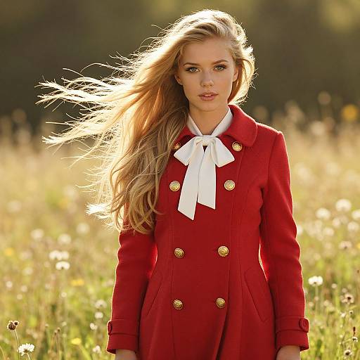 Elegant Young Woman in Red Coat Standing in Sunlit Field