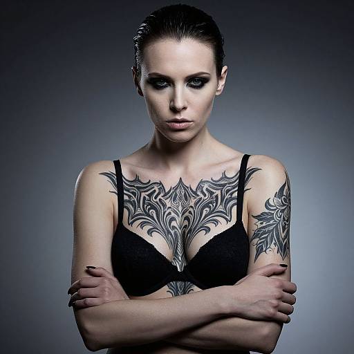 Edgy Woman with Bold Black Tattoos and Intense Makeup