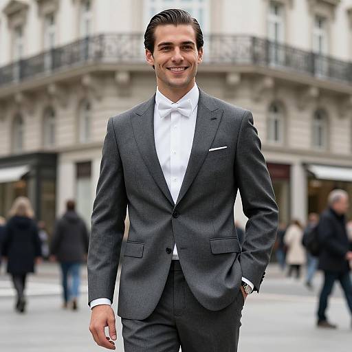 Confident Young Man in Gray Suit and Bow Tie Walking in Urban Setting