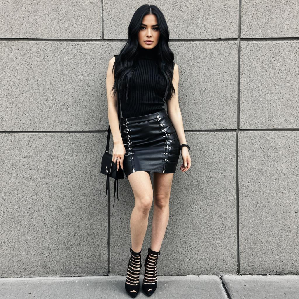 Stylish Urban Woman in Black Leather Mini Skirt and Sleeveless Turtleneck