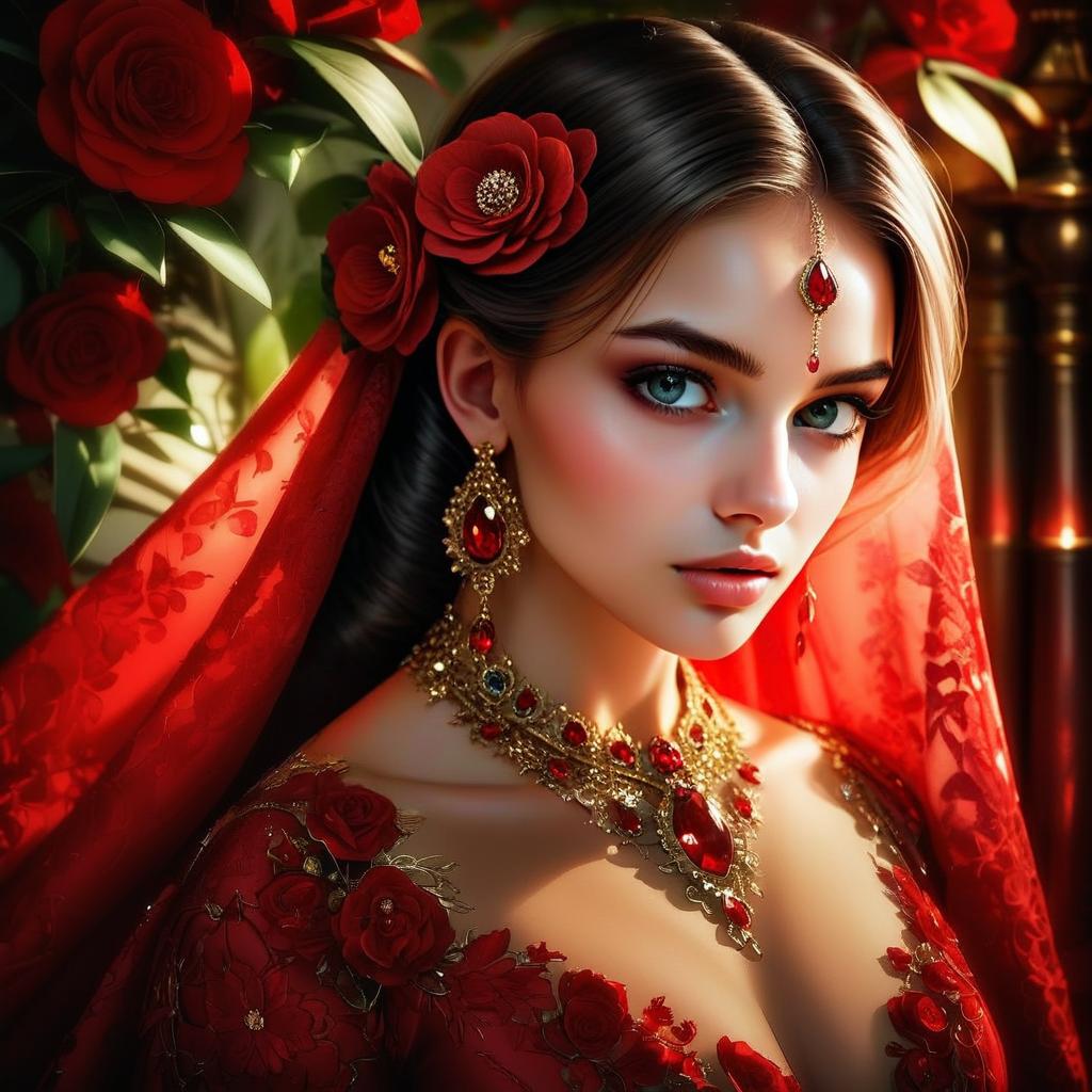 Elegant Woman in Red Outfit with Floral Motifs Elegant Woman in Red Outfit with Floral Motifs