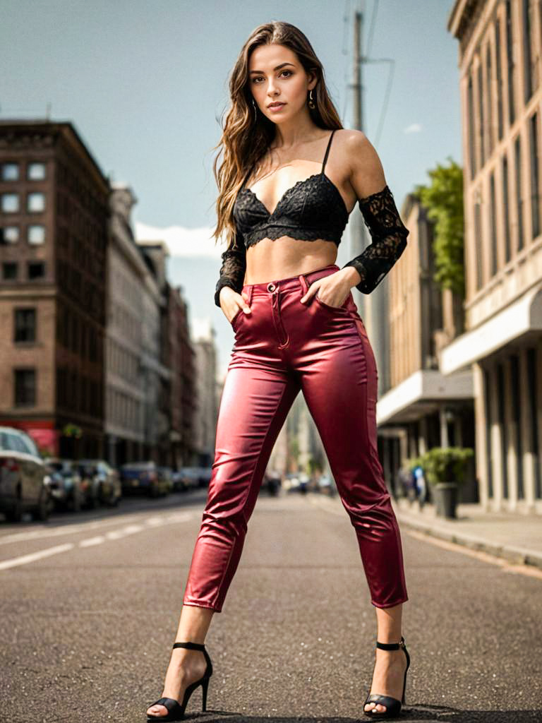 Confident Woman in Lace Top and Red Pants on City Street