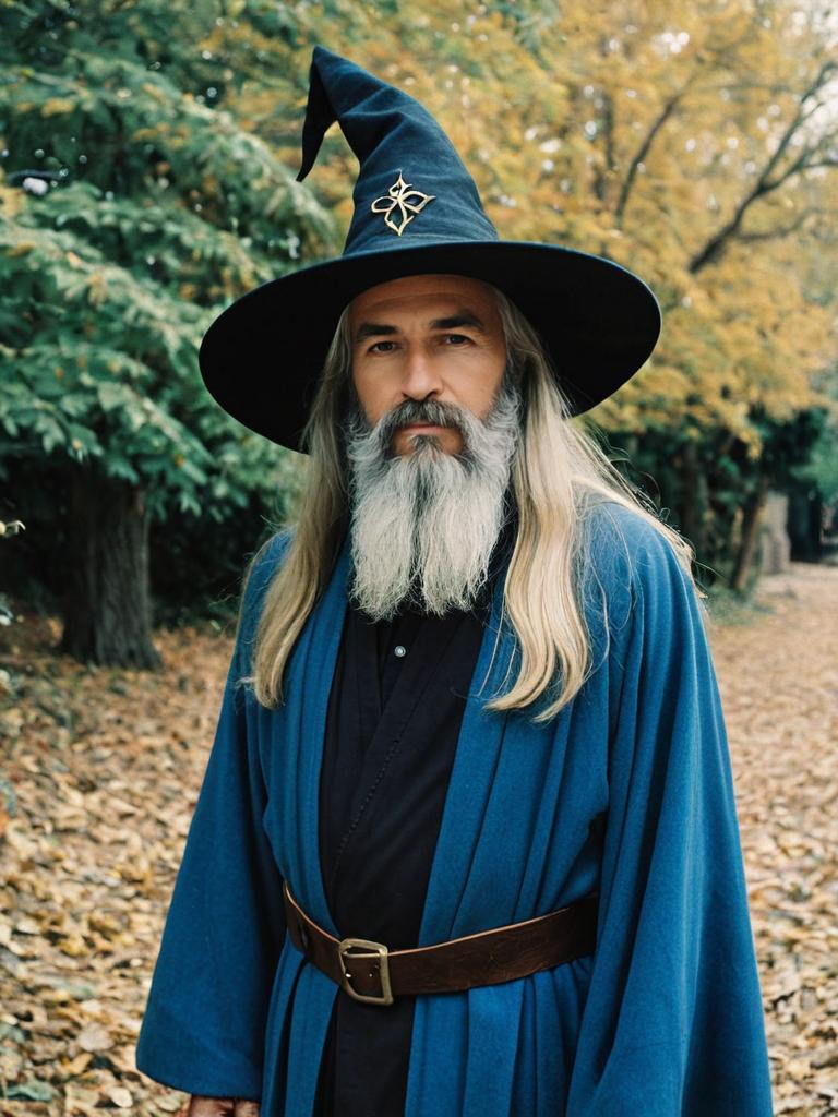 Realistic Wizard Man Costume in Autumn Forest