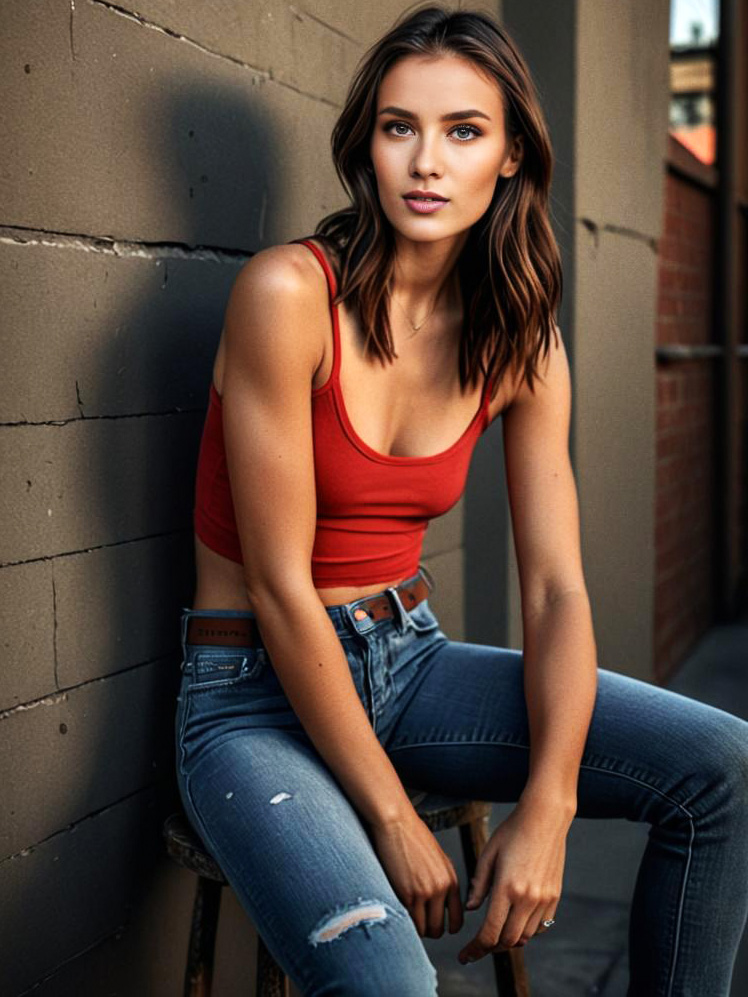 Young Woman in Red Tank Top and Ripped Jeans