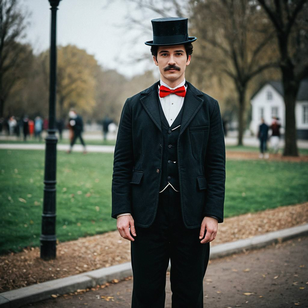 Man in Vintage Black Suit with Bow Tie in Park