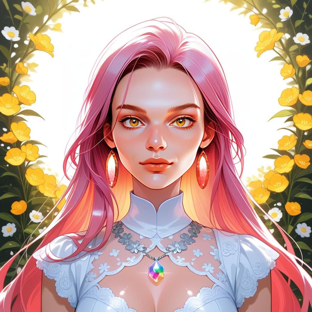 Woman with Pink Hair in Lace Dress Surrounded by Flowers Woman with Pink Hair in Lace Dress Surrounded by Flowers