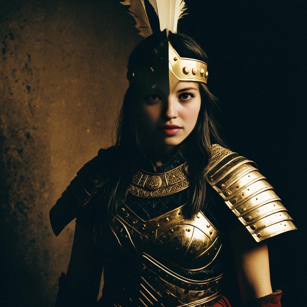 Young Woman in Ornate Golden Armor with Feathered Helmet