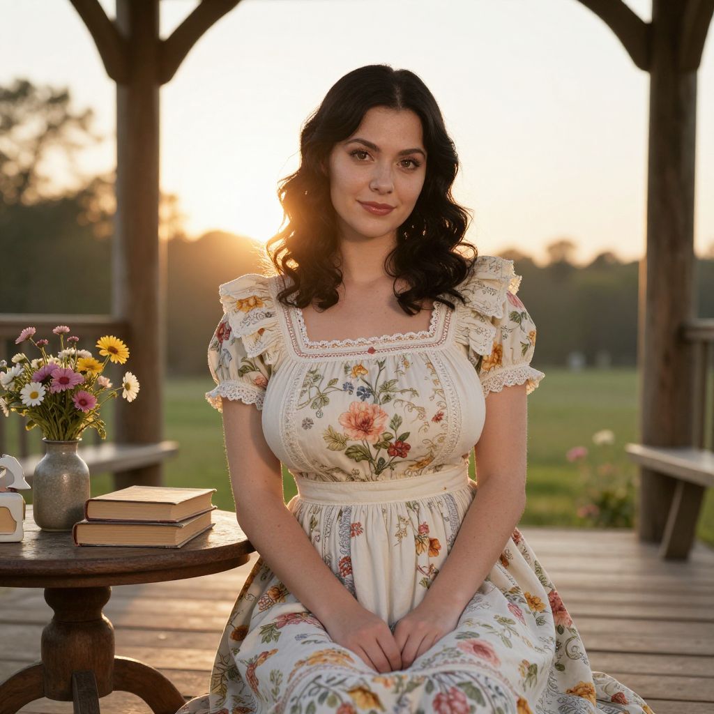 Young Woman in Vintage Floral Dress on Rustic Porch at Sunset