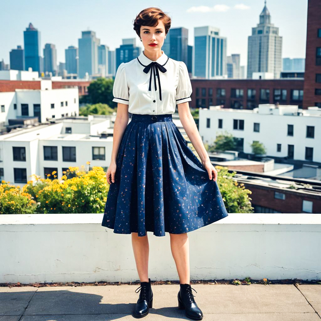 Stylish Woman on Rooftop with City Skyline