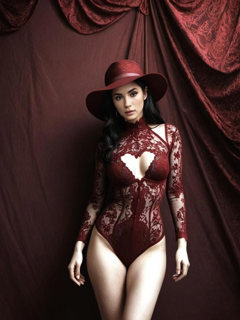 Elegant Woman in Burgundy Lace Bodysuit with Vintage Hat