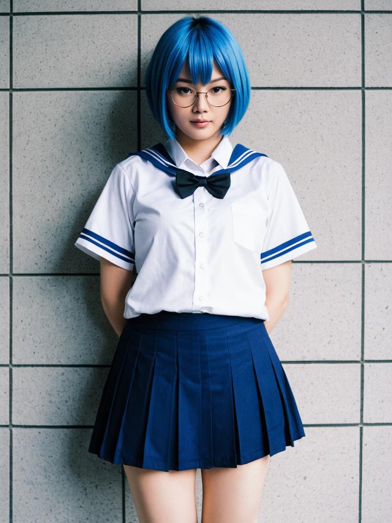 Young Woman in Blue Hair Japanese Schoolgirl Uniform Cosplay