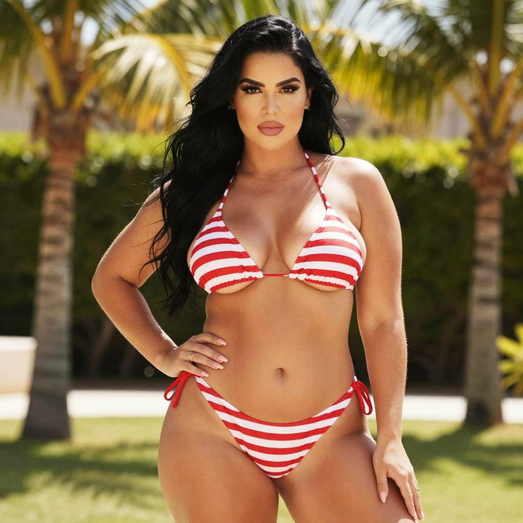 Confident Woman Wearing Red and White Striped Bikini Outdoors