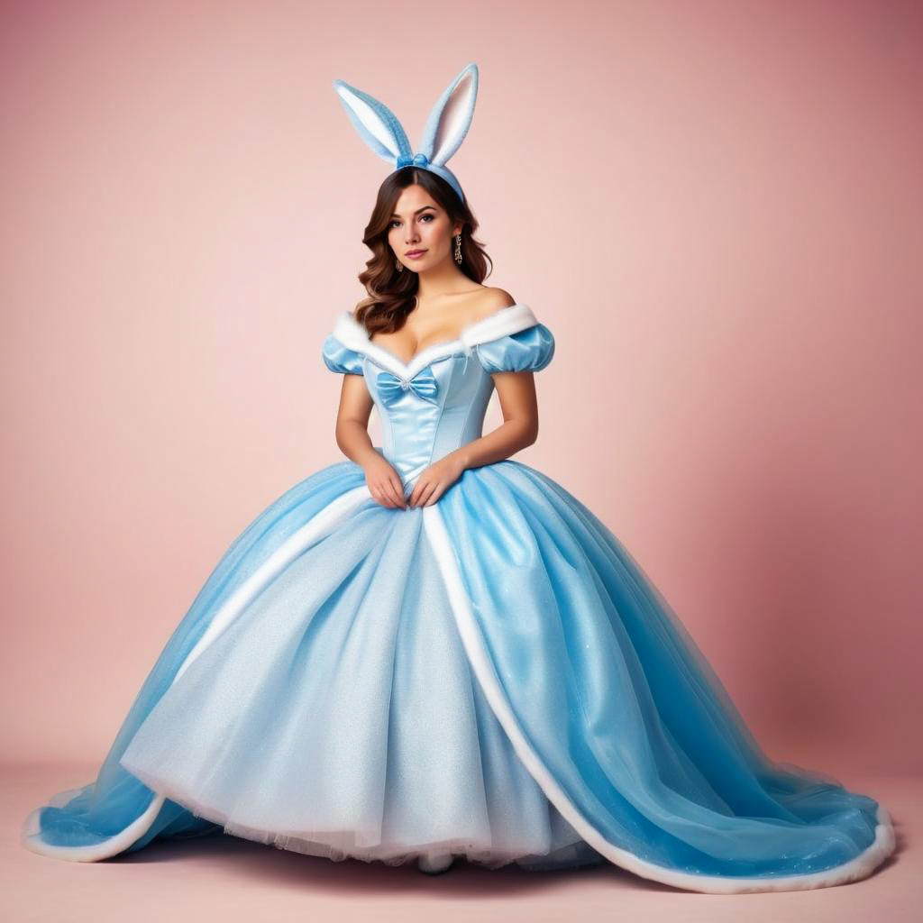 Elegant Woman in Light Blue Gown with Bunny Ears