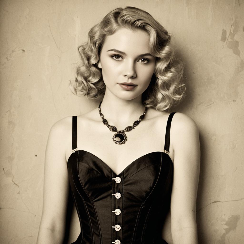 Vintage Portrait of Woman in Black Corset Dress with Retro Hairstyle