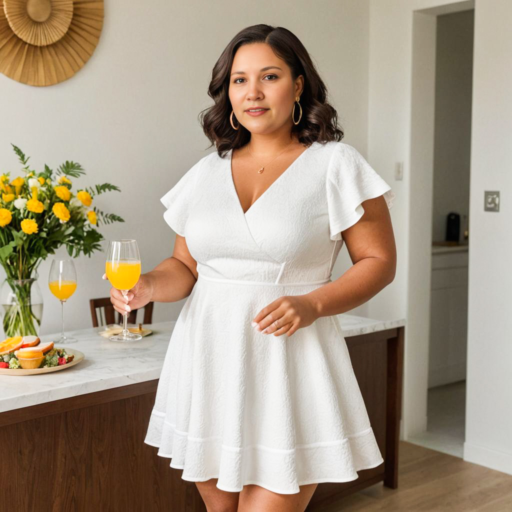 Confident Woman in Stylish White Dress with Orange Juice