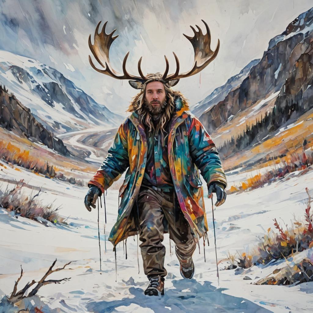 Man with Antlers in Snowy Mountains