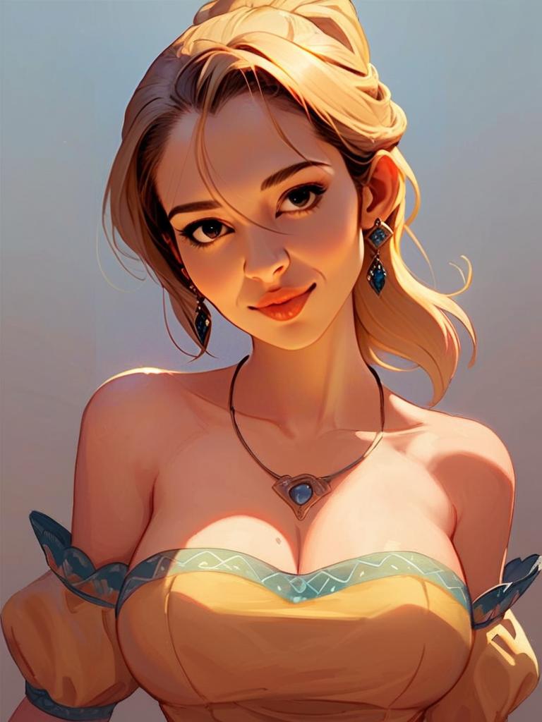 Portrait of a Woman in Yellow Dress with Blue Accents Portrait of a Woman in Yellow Dress with Blue Accents