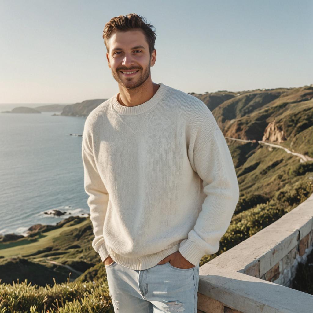 Confident Man in Sweater by Coastal Scene