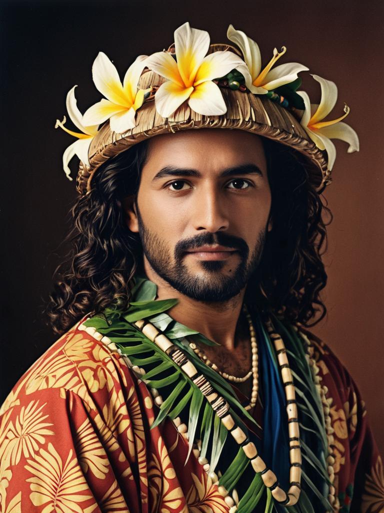 Photorealistic Portrait of Man in Traditional Maui Costume with Floral Headwear