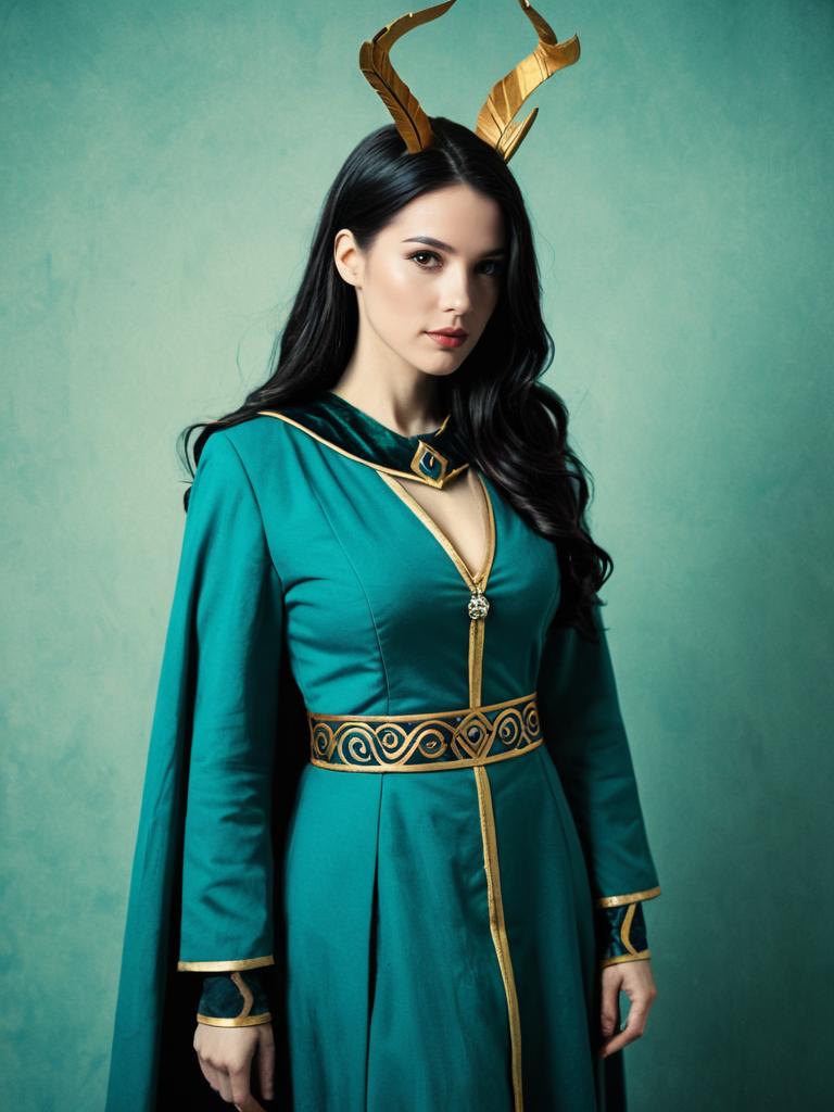 Realistic Eris Cosplay Woman in Elegant Teal and Gold Costume