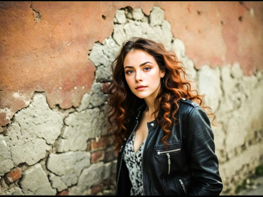 Young Woman Against Weathered Wall