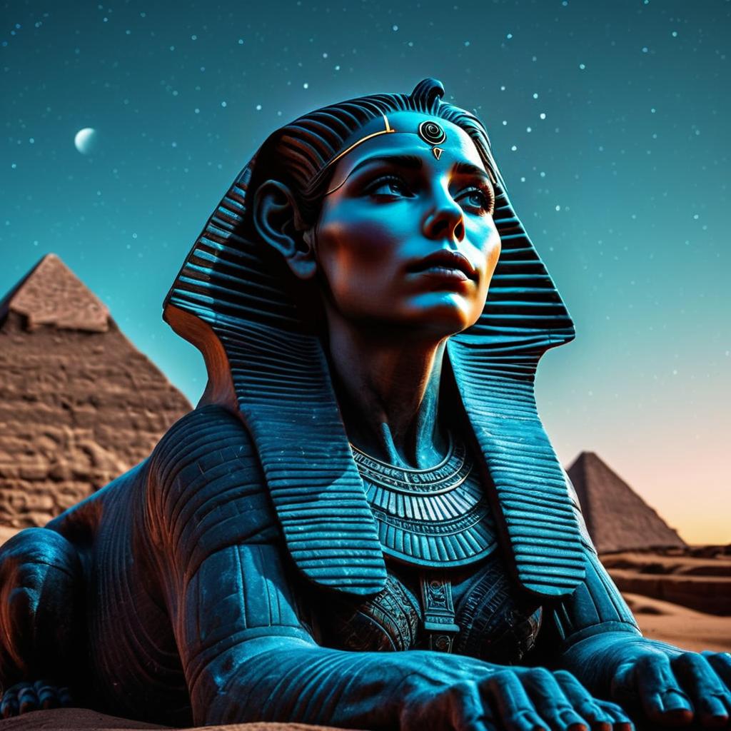 Photorealistic Female Sphinx Statue with Egyptian Pyramids at Twilight