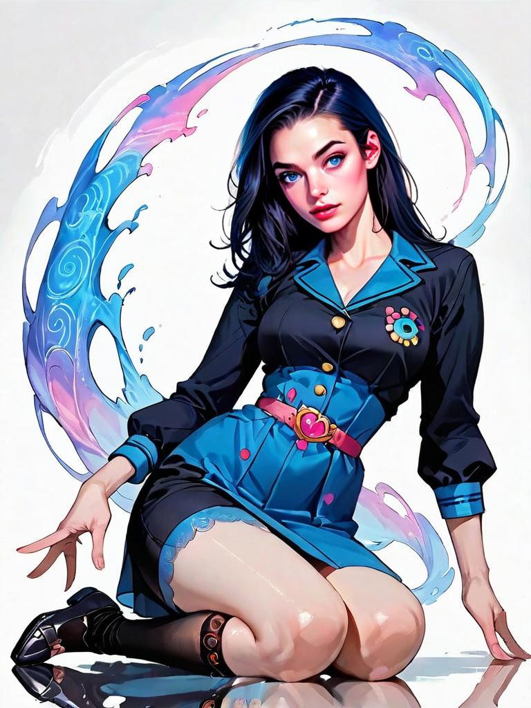 Realistic Comic Style Woman in Blue Business Outfit with Energy Swirls