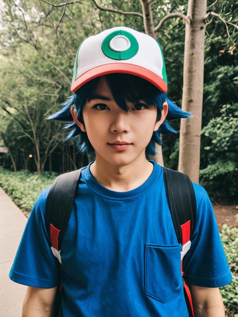 Realistic Ash Ketchum Cosplay Man in Outdoor Setting