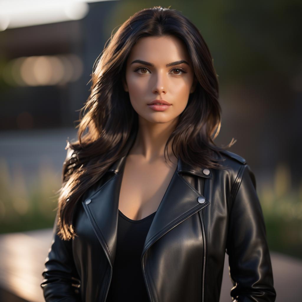 Confident Woman in Black Leather Jacket