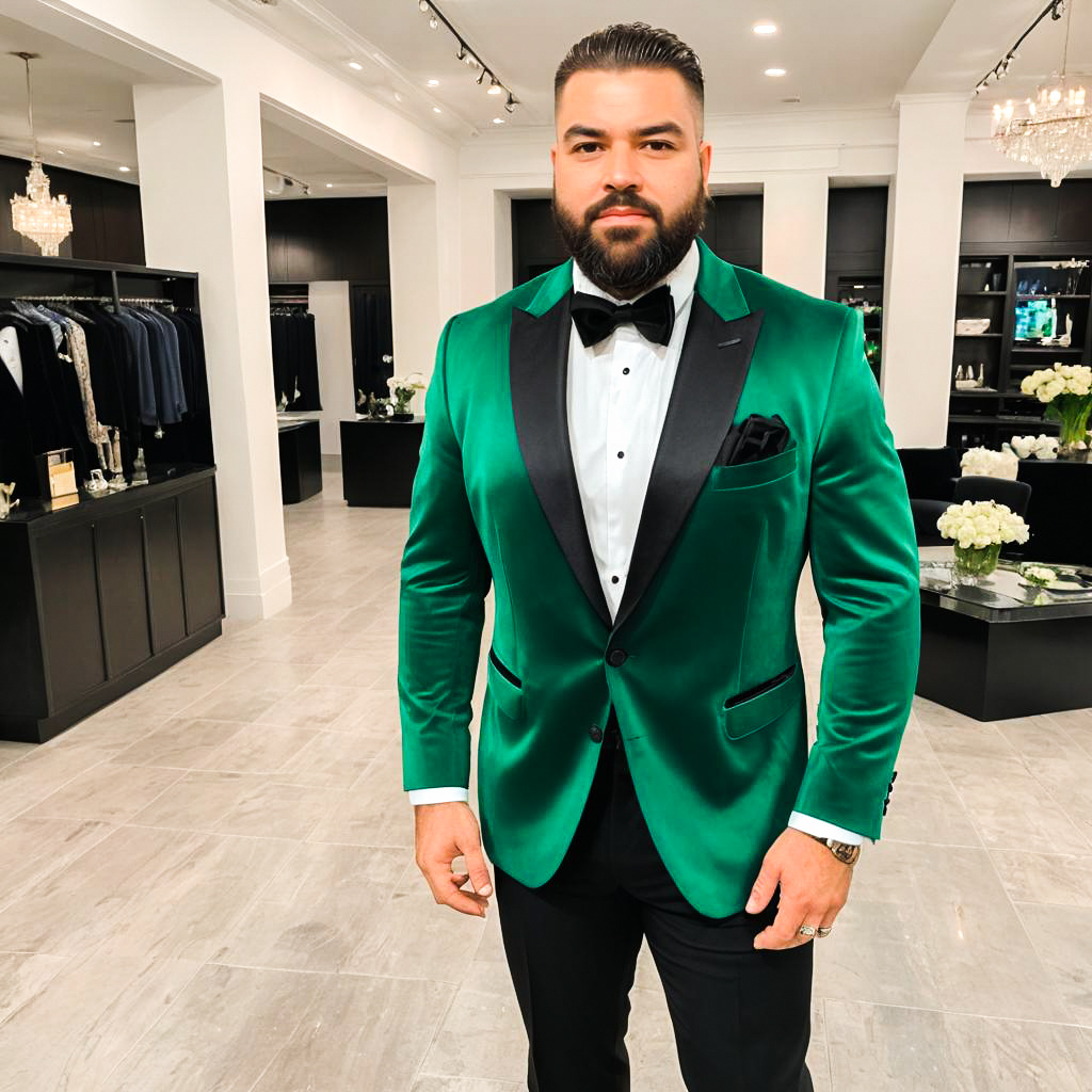 Dapper Man in Emerald Green Tuxedo at Modern Boutique